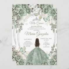 a green and white wedding card with roses on the front, featuring an image of a woman in a ball gown