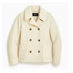 Color: Ivory Size: 2 J. Crew Boiled Wool Cream Peacoat. Fine, Italian Boiled Wool Offers Ultimate Warmth Into A Peacoat With Classic Double Breasting. Notch Collar. Long Sleeves. Double Breasted Button Closure. 2 Front Patch Pockets. 100% Wool. Only Worn Once Or Twice. Basically New Condition. Don't Be Shy. Make An Offer :-) Cream Double-breasted Outerwear With Buttons, Double-breasted Cream Outerwear With Buttons, Cream Double-breasted Outerwear With Double Button Closure, Classic Cream Pea Coat For Winter, Classic White Wool Outerwear, Cream Double-breasted Pea Coat For Winter, Cream Outerwear With Double Button Closure And Lapel Collar, Cream Pea Coat With Buttons For Winter, Cream Double-breasted Wool Outerwear