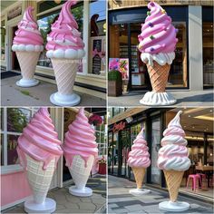 four different pictures of ice cream cones on display in front of a store, one is pink and the other is white