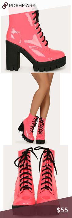 𝙉𝙚𝙬 𝙄𝙣!🖤Future Moves Lug Sole Platform Boot These neon booties feature a shiny patent design, adjustable lace up closures, a chunky block heel, platform sole, and finished with a padded insole. Vegan Leather Heel Height: 4" w/ 1.5platform (approx.) Super cushioned boot! Pink Color TRUE SIZE Sarah Siah Shoes Ankle Boots & Booties Summer High-top Platform Boots, Trendy Summer Platform Boots With Synthetic Material, Summer Platform Boots With Round Toe, Trendy Spring Lace-up Boots With Reinforced Heel, Lace-up Summer Platform Boots, Spring Synthetic Ankle-high Lace-up Boots, Synthetic Ankle-high Lace-up Boots For Spring, Spring Ankle-high Synthetic Lace-up Boots, Ankle-high Synthetic Lace-up Boots For Spring