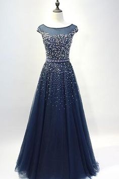 Dark blue tulle sequins round neck full-length prom dresses, A-line evening dresses with straps Dresses Winter, Tulle Party Dress, A Line Evening Dress, Tulle Evening Dress, Beaded Tulle, Blue Evening Dresses, Beaded Prom Dress, A Line Prom Dresses