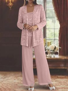 Chiffon Mother of the Bride Pantsuits with Jacket & Sequins - Mondressy Mother Of The Bride Jumpsuit, Mother Of The Bride Pantsuits, Lds Fashion, Jumpsuit With Jacket, Bride Pantsuit, Sequins Jacket, Bride Jumpsuit, Mother Of The Bride Suits, Costum Elegant