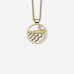 14k yellow gold and .03 carat diamond 18mm pendant with complimentary gold plated 1.5mm cable chain. Stinson Beach, California Coast, Cable Chain, Gold Plate, Jewelry Design, Cable, Plating, Yellow Gold, California