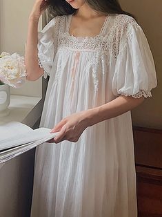 Women French Fairy Nightgowns Vintage Princess Nightdress Lace Mesh Cotton Short Sleeve Loose Biblical Clothing, Beautiful Nightgown, Summer Sleepwear, Linen Fashion, Vintage Princess, Streetwear Tops, Fairy Dress, Nightgowns, Floor Length Dresses