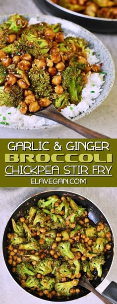 broccoli and chickpea stir fry in a skillet with the words garlic & ginger broccoli chicken stir fry