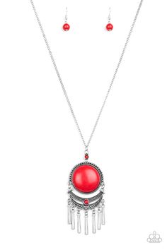 Swinging from the bottom of a lengthened silver chain, a dramatic red stone gives way to an ornate crescent shaped frame dotted with a dainty red stone. Brushed in an antiqued shimmer, flared silver bars swing from the bottom of the dramatic pendant, adding a playful movement to the seasonal palette. Features an adjustable clasp closure. Seasonal Palette, Red Stone Necklace, Orange Stone, Long Silver Necklace, Red Necklace, Paparazzi Accessories, Inspired Jewelry, Silver Bars, Red Stone