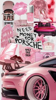 a pink car parked in front of a bunch of different items