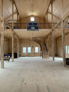 the inside of a large wooden building with multiple floors and high vaulted ceilings is empty