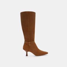 A sleek look for day or night the Raquel boot is crafted of velvety soft suede and detailed with our Heritage C Plaque. Finished with an easy-on side zip closure the tall silhouette features a slim kitten heel and a comfortable padded insole. This boot is designed with an extended calf width for a roomier fit. | Coach Raquel Extended Calf Boot - Women's Size 10 - Cedar Extended Calf Boots, Kitten Heel Boots, Coach Boots, White Boots, Calf Boots, Sleek Look, Kitten Heel, New Handbags, Soft Suede