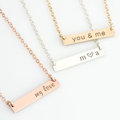 "Custom Name Necklace. Initial Bar Necklace. Name Bar Necklace. Nameplate Necklace. Bar Necklace. Personalized Name Necklace This personalized name necklace can be custom engraved with names, numbers or symbols in the font of your choice. Engraved and hand assembled with care and love, it comes in 14k gold fill, rose gold fill, or sterling silver. A perfect gift for your wife, girlfriend, or simply to treat yourself! *Listing is for ONE short skinny bar necklace only HOW - TO - ORDER 1. Select y Wedding Nameplate Charm Necklaces, Dainty Nameplate Necklace For Wedding, Rose Gold Nameplate Necklace For Wedding, Wedding Custom Name Charm Necklace, Minimalist Name Necklace For Valentine's Day Wedding, Minimalist Name Necklace For Wedding On Valentine's Day, Dainty Name Necklace For Wedding And Valentine's Day, Personalized Name Necklace For Wedding On Valentine's Day, Engraved Name Necklace For Wedding On Valentine's Day