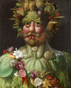 a painting of a man with fruit on his head and flowers in his hair is shown