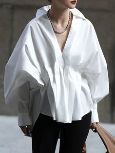 Original Creation Long Sleeves Loose Pleated Solid Color Lapel Collar Blouses & Shirts Tops WHITE-One_size Lawyer Fits, Kimono Kaftan, Oversized Tops, Fall Blouse, Plain Blouse, Pleated Blouse, Moda Vintage, Tres Chic, Loose Blouse