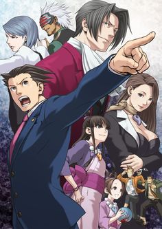 an anime character pointing to the side with many other characters behind him and in the background