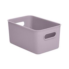 a purple storage basket with handles on the front and bottom, sitting against a white background