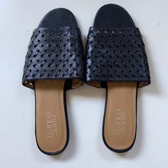 Never Worn, Black Woven Leather Slides Black Open Toe Flats Medium Width, Medium Width Black Open Toe Flats, Black Leather Mules With Textured Footbed, Black Closed Toe Sandals With Woven Sole, Black Open Toe Mules With Woven Sole, Black Leather Sandals With Woven Sole, Black Mules With Leather Sole For Vacation, Black Open Toe Flats With Leather Sole, Black Open Heel Mules For Vacation