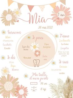 a poster with flowers on it and the words mia written in french, which are also english