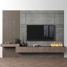 a modern living room with wood paneling and a flat screen tv mounted on the wall