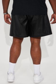 Available In Black. Elastic Waist Drawstring Side Hand Pockets Back Pockets Shell/Coating: 100% Polyurethane Backing: 100% Polyester Imported | Mens Faux Leather Relaxed Shorts in Black size Small by Fashion Nova Casual Black Polyurethane Leather Pants, Casual Solid Color Leather Bottoms, Casual Solid Leather Bottoms, Casual Leather Bottoms In Solid Color, Casual Black Polyurethane Bottoms, Casual Black Leather Shorts, Woman Back, Swim Shorts, Jeans Pants