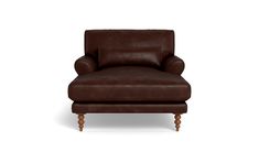 a brown leather chair with wooden legs on a white background in the style of an armchair