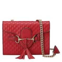 Gucci-Emily Guccissima Mini Shoulder Bag in Red - Runway Catalog Gucci Crossbody, Mini Cross, Gucci Leather, Double Chain, Handbag Wallet, Mini Shoulder Bag, Feature Light, Wallet Accessories, Leather Tassel