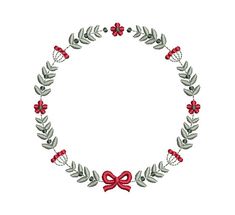 a wreath with red bows and leaves is shown in the middle of this embroidery design