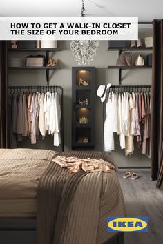 a bedroom with a bed, closet and shoes on the shelves in front of it