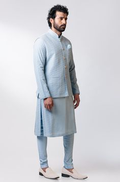 Editor's Note This set features a Side Paneled Embroidered Kurta Set With Embroidered Nehru Jacket Fabric: Chanderi Silk, Cotton Satin Lycra Color: Blue Care: Dry Clean Only Customize Your Outfit Can't find the size you're looking for? No stress. Just select size "Custom" while adding the item to your cart. We will follow up with you for your body measurements. To request a color or design customizations, please contact our customer care by using our "Ask us a question" form or simply email us. Kurta Set With Jacket, Blouse Yoke, Personal Shopping Service, Jacket Fabric, Nehru Jacket, Nehru Jackets, Blue Pearl, Jacket Pattern, Kurta Set