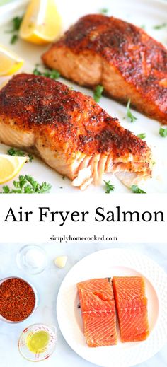 salmon fillets on a plate with seasonings and lemons in the background text reads air fryer salmon