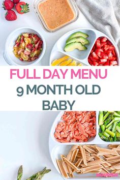 the full day menu for 9 month old baby is shown with vegetables, fruit and dips