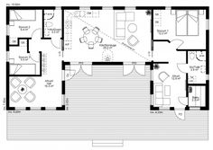 a floor plan for a small house with two living areas and an open kitchen area