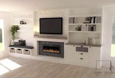 a living room filled with furniture and a flat screen tv mounted on the wall above a fire place