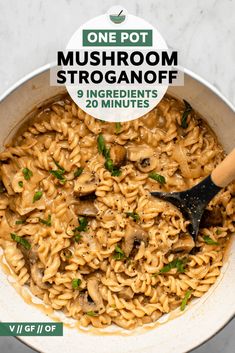 a bowl full of mushroom stroganoni with a wooden spoon in it and the title overlay reads one pot mushroom stroganonoff