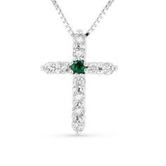 0.18ctw Emerald and Diamond Cross Pendant in 14k White Gold Diamond White Jewelry With Channel Set Diamonds, Diamond Necklace For Anniversary, May Birthstone, White Gold Diamond Jewelry With Channel Set, 14k White Gold Channel-set Jewelry, 14k White Gold Channel Set Jewelry, White Gold Channel Set Diamond Necklace, Diamond Necklace With Brilliant Cut For May Birthstone, Fine Jewelry Diamond Necklace Channel Set, Fine Jewelry Diamond Necklace With Channel Set