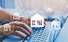 a person typing on a laptop computer with icons surrounding the keyboard and house in the background