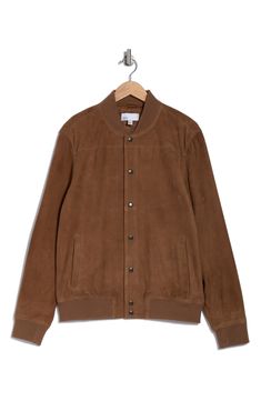 This medium-weight suede jacket inspired by vintage flight styles is finished with ribbed trim to complete a cozy look. Front snap closure Blade collar Long sleeves 100% leather Dry clean Imported Suede Jacket, Medium Weight, Snap Closure, Nordstrom Rack, Flight, Bomber Jacket, Dry Clean, Nordstrom, Long Sleeves