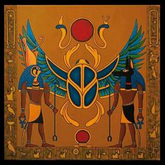 an egyptian painting with two winged birds on it