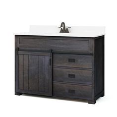 48-In modern rustic design vanity with sliding barn door hardware Add style and functionality to any bathroom Pre-drilled for one 4-IN center set faucet (faucet not included) Modern Door Hardware, Sliding Cabinet Doors, Farmhouse Vanity, Under Sink Storage, Kitchen Vanity, Single Sink Vanity, Double Sink Vanity, Sink Storage, Double Sink Bathroom