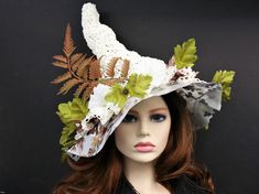 "You can certainly wear this white Raffia straw witch hat all year, but it is specifically designed with Spring and Summer in mind! I chose to make this from Raffia so it would be airy and lightweight, but still shapeable. Firm enough to stand on its own with that classic shape and a sheer floral fabric vinyl brim for shade. Airy enough to get through the heat and folds flat for travel. You can add ribbon ties through the holes in the hat or wear it as is. Some stretch so one size fits most. Hap White Wide Brim Costume Hat For Festival, White Wide Brim Festival Hat, White Brimmed Costume Hats And Headpieces For Festivals, White Brimmed Festival Costume Hats And Headpieces, White Brimmed Hat For Festival, White Beach Hat For Fall, White Curved Brim Costume Hat For Beach, White Fedora Costume Hat For Summer, White Straw Hat With Short Brim For Festival