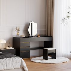 a bedroom scene with focus on the dressing table and mirror, along with a rug