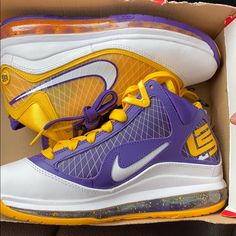 Lebron 7 Media Day Size 4y. (Youth) Yellow Basketball Sneakers With Boost Midsole, Yellow Sporty Basketball Sneakers, Yellow Sporty Sneakers For Basketball, Nike Yellow Basketball Shoes, Nike Yellow Basketball Shoes With Air Max Cushioning, Lebron 7, Media Day, Nike Yellow, Shoe Art