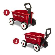 two little red wagons with wheels and numbers on them