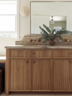 a bathroom with wooden cabinets and a mirror on the wall above it is a plant in a vase