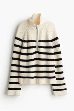 Rib-knit sweater in a soft cotton blend. Stand-up collar  half-zip  and long raglan sleeves. Straight hem with slit at sides. Wineries Outfit, Winter Capsule Wardrobe, High Neck Sweater, Half Zip Sweaters, Ribbed Knit Sweater, Sweaters Online, Knitted Jumper, Fashion Story, Cool Sweaters