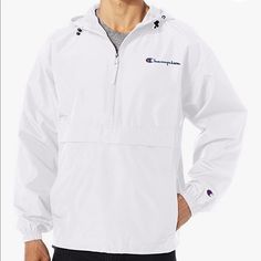 Nwt Champion Men's Packable Jacket White Size Small Pullover Stadium Zipper Pocket Hoodie White Windbreaker With Pockets For Outdoor Activities, White Windproof Windbreaker For Hiking, White Functional Windbreaker With Adjustable Hood, White Casual Half-zip Outerwear, White Windbreaker With Adjustable Hood For Outdoor Activities, White Windbreaker With Adjustable Hood For Outdoor, Functional White Half-zip Outerwear, White Hooded Windbreaker For Hiking, White Functional Half-zip Outerwear