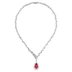 Important spinel and diamond necklace An exquiste red spinel set with white brilliant cut diamonds 18k white gold Red Spinel Necklace, Teardrop Diamond Necklace, Pear Shaped Diamond Necklace, Pear Shaped Pendant, Blue Sapphire Pendant, Sapphire Necklace Pendants, Red Spinel, White Gold Hoops, Solitaire Pendant Necklace