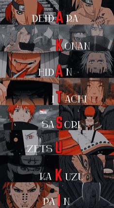 anime character collages with their names in different colors and font, including the characters from