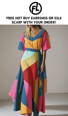 Material: Cotton Blend
Style: Return
Size & Fit: Garment runs true to size.
Length: 33.15"from waist to hem.
Waist:Fitted - stretch
Hip: Loose fit.
Hand wash in cold water is recommended.

Description：Loose fit. Fitted V-neck Midi Dress With Patchwork, Fitted V-neck Patchwork Midi Dress, Multicolor Patchwork A-line Maxi Dress, Fitted V-neck Patchwork Maxi Dress, Multicolor Spliced Dresses For Spring, Multicolor Spliced Short Sleeve Dress, Chic Multicolor Spliced Dress, V-neck Dresses With Contrast Color, Multicolor A-line Patchwork Maxi Dress