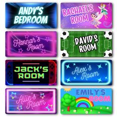 four different name tags with the names of each room on them, all in neon colors