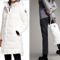 Designed For Warmth With Convenience, The Alliston Down Coat From Canada Goose Packs Into Its Own Pocket So We Never Have To Go Without It. We're Huge Fans Of How It Lofts To Trap In Your Body Heat On Cold Days, And Is Strategically Paneled To Keep You Moving Freely And Comfortably, From Trail To Town. Size: M Color: Northstar White New With Tag White Spring Travel Outerwear, White Long Sleeve Travel Outerwear, White Long Sleeve Outerwear For Travel, White Outerwear For Travel In Fall, Body Heat, North Star, Down Coat, Canada Goose, Cold Day