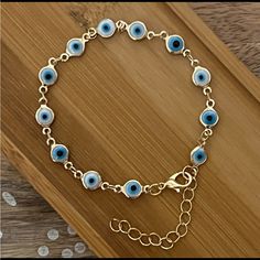 New Cool White & Blue Glass Chain Link Evil Eye Bracelet. Bracelet Is 7 Inches Long With 2 Inch Extension. Blue Metal Bracelets With Evil Eye, Adjustable Blue Evil Eye Bracelet Nickel Free, Adjustable Nickel-free Blue Evil Eye Bracelet, Adjustable Blue Evil Eye Bracelet, Nickel Free, Blue Metal Bracelet With Evil Eye, Blue Evil Eye Bracelet With Adjustable Chain, Adjustable Nickel-free Blue Chain Bracelet, Adjustable Blue Nickel-free Chain Bracelet, Blue Metal Evil Eye Bracelet